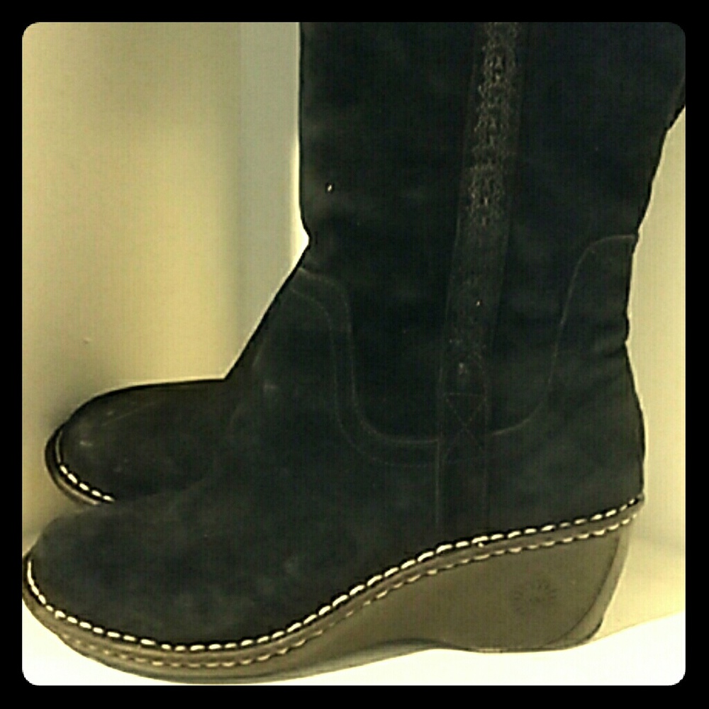 Ugg wedge black leather knee high furry lines boot